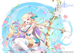 Rule 34 | 1girl, apple caramel, bare shoulders, blonde hair, bow (weapon), breast curtain, breasts, cape, colored inner hair, detached sleeves, flower, from below, hair flower, hair ornament, highres, large breasts, long hair, looking at viewer, midriff, multicolored hair, navel, official art, open mouth, original, purple eyes, purple hair, smile, solo, swept bangs, sword master story, tassel, thighhighs, two-tone hair, underboob, very long hair, weapon, wind
