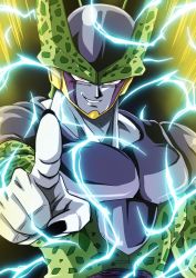 Rule 34 | 1boy, black nails, cell (dragon ball), commentary request, dragon ball, dragonball z, energy, glowing, highres, kamishima kanon, looking at viewer, male focus, muscular, nail polish, parted lips, perfect cell, pink eyes, pointing, smile, solo, teeth, upper body