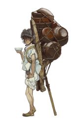 Rule 34 | 1boy, absurdres, backpack, bag, black hair, bowl, closed mouth, crossed legs, from side, grey eyes, grey hat, hat, highres, holding, holding bowl, looking at viewer, looking to the side, male focus, mossacannibalis, original, sandals, smile, solo, standing, tagme