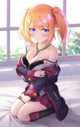 Rule 34 | 1girl, absurdres, bare shoulders, bed sheet, black bra, blonde hair, blush, bra, breasts, cementite, chloe (princess connect!), cleavage, clothes pull, collarbone, commentary, green necktie, hair between eyes, highres, kneehighs, kneeling, looking at viewer, medium breasts, necktie, on bed, pointy ears, princess connect!, purple eyes, shirt, shirt pull, skirt, smile, socks, solo, strap slip, thighlet, twintails, unbuttoned, underwear, window