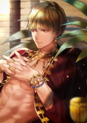 Rule 34 | 1boy, abs, artist name, blonde hair, bracelet, chalice, cup, earrings, fate/grand order, fate (series), gilgamesh (fate), highres, jewelry, looking away, male focus, necklace, open clothes, open shirt, plant, red eyes, red shirt, ring, sakura hitsuji, shirt, solo, toned, toned male