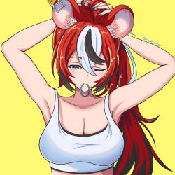 Rule 34 | 1girl, animal ear fluff, animal ears, armpits, black hair, blue nails, blush, breasts, cleavage, collarbone, commentary, coubalt, english commentary, hair between eyes, hair tie, hair tie in mouth, hakos baelz, highres, hololive, hololive english, large breasts, long hair, mouse ears, mousetrap, mouth hold, multicolored hair, nail polish, one eye closed, red eyes, red hair, simple background, solo, twitter username, upper body, virtual youtuber, white hair, yellow background