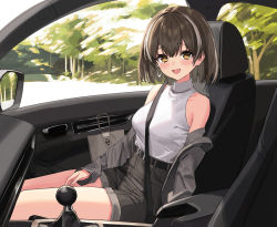 Rule 34 | 1girl, arknights, bare shoulders, belt, black hair, black shorts, blush, breasts, car, car interior, earrings, highres, jewelry, long sleeves, looking at viewer, magallan (arknights), medium breasts, motor vehicle, multicolored hair, off shoulder, open mouth, seatbelt, shirt, shirt tucked in, short hair, shorts, sigm@, sitting, smile, solo, streaked hair, white hair, white shirt, yellow eyes