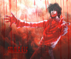 Rule 34 | 1boy, alucard (hellsing), belt, black hair, blood, blood on face, blood on clothes, dress shirt, gloves, hellsing, male focus, monochrome, open collar, outstretched arms, pants, rain, shirt, solid&amp;etc, solo, vampire