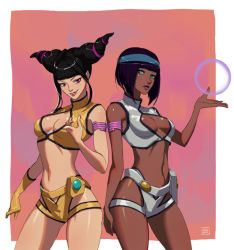 Rule 34 | 2girls, armlet, back-to-back, belt pouch, black hair, blunt bangs, breasts, cleavage, cleavage cutout, clothing cutout, commission, commissioner upload, cosplay, crop top, crystal ball, dark-skinned female, dark skin, dirty pair, doubled67, gloves, green eyes, han juri, headband, hip vent, kei (dirty pair), kei (dirty pair) (cosplay), lips, medium breasts, menat, midriff, multiple girls, navel, orb, pouch, purple eyes, purple hair, second-party source, short shorts, short twintails, shorts, single glove, sleeveless, sleeveless turtleneck, street fighter, street fighter v, turtleneck, twintails, yuri (dirty pair), yuri (dirty pair) (cosplay)