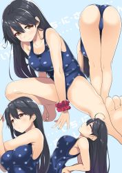 Rule 34 | 10s, 1girl, ahoge, arched back, armpits, ass, bare legs, bare shoulders, barefoot, bent over, black hair, blue one-piece swimsuit, blush, breasts, brown eyes, commentary request, closed eyes, gintarou (kurousagi108), kantai collection, large breasts, long hair, multiple views, one-piece swimsuit, open mouth, polka dot, polka dot swimsuit, scrunchie, smile, stretching, swimsuit, ushio (kancolle), wrist scrunchie
