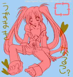 Rule 34 | 1girl, artist request, barefoot, blue background, breasts, breasts apart, collarbone, english text, facial mark, feet, full body, genderswap, genderswap (mtf), heart, hiragana, japanese text, long hair, long sleeves, looking to the side, lowres, medium breasts, midriff, monochrome, naruko (naruto), naruto, naruto (series), no bra, open clothes, open mouth, open shirt, pants, pink theme, sexy no jutsu, shirt, sitting, solo, stomach tattoo, tattoo, toes, translated, twintails, uzumaki naruto, very long hair, zipper, zipper pull tab