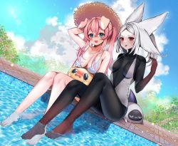 Rule 34 | 2girls, :d, :p, animal ears, arm up, bad id, bad twitter id, barefoot, bikini, black nails, black skin, blue eyes, breasts, breasts apart, cleavage, cloud, colored skin, crossed legs, day, dog ears, dutch angle, dyarikku (vtuber), extra ears, full body, gradient skin, hair between eyes, hand on headwear, hat, large breasts, medium breasts, multiple girls, nail polish, one-piece swimsuit, open mouth, outdoors, pink hair, pink nails, poolside, red eyes, sitting, skin tight, sky, smile, soaking feet, straw hat, swimsuit, thighs, toenail polish, toenails, tongue, tongue out, virtual youtuber, vyugen, white bikini, white one-piece swimsuit, yuniiho, yuniiho (vtuber)
