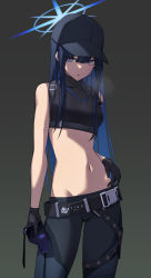 Rule 34 | 1girl, absurdres, baseball cap, belt, black belt, black gloves, black hat, black pants, black shirt, blue archive, blue hair, breasts, cowboy shot, crop top, gloves, halo, hand on own hip, hat, highres, holding, holding mask, long hair, looking at viewer, mask, medium breasts, navel, pants, parted lips, saori (blue archive), shirt, simple background, sleeveless, sleeveless shirt, solo, uramitsurami