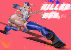 Rule 34 | 1girl, absurdres, ahoge, alternate color, ass, blonde hair, blue eyes, blue footwear, blue gloves, bodypaint, boots, braid, breasts, cammy white, camouflage, clenched hand, closed mouth, commentary request, dark-skinned female, dark skin, fingerless gloves, full body, garrison cap, gloves, hat, highleg, highleg leotard, highres, juaag acgy, knee boots, leotard, long hair, long sleeves, looking at viewer, medium breasts, pink background, solo, street fighter, street fighter zero (series), thighs, thong leotard, twin braids, white leotard