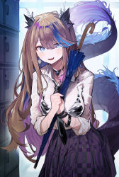 Rule 34 | 1girl, absurdres, airi kanna, antlers, black bra, black choker, black necktie, blue eyes, blush, bra, bracelet, breasts, brown hair, choker, collared shirt, colored inner hair, dragon tail, earrings, fang, forehead tattoo, heart, heart choker, highres, holding, holding umbrella, horns, jewelry, large breasts, locker, long hair, long skirt, long sleeves, looking at viewer, movik, multicolored hair, necktie, open mouth, plaid, plaid skirt, pom pom (clothes), pom pom earrings, purple hair, see-through, see-through shirt, shirt, skirt, sleeves rolled up, stellive, streaked hair, tail, two-tone hair, umbrella, underwear, virtual youtuber, wet, wet clothes, wet shirt, white shirt