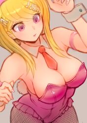 Rule 34 | 1girl, absurdres, ahoge, akamatsu kaede, animal ears, bare shoulders, blonde hair, breasts, cleavage, commentary request, danganronpa (series), danganronpa v3: killing harmony, detached collar, fake animal ears, fortissimo, hair ornament, highres, large breasts, leotard, long hair, looking at viewer, musical note, musical note hair ornament, pantyhose, pink leotard, playboy bunny, rabbit ears, smile, solo, wrist cuffs, youko-shima