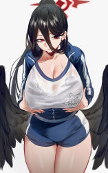 Rule 34 | 1girl, absurdres, black bra, black hair, black wings, blue archive, bra, breasts, celyn404, cleavage, covered erect nipples, feathered wings, hair between eyes, halo, hasumi (blue archive), hasumi (track) (blue archive), highres, large breasts, mole, mole under eye, ponytail, red eyes, see-through, shorts, simple background, solo, sweat, underwear, wet, wet clothes, white background, wings