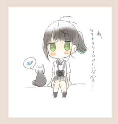 Rule 34 | 1girl, ankle socks, black hair, blunt bangs, blunt ends, blush, blush stickers, border, bow, bowtie, camera, camera around neck, chibi, collared shirt, cowlick, ear ornament, earrings, fish, green eyes, grey skirt, jewelry, jitome, looking at viewer, no mouth, no nose, original, pink border, pleated skirt, ponytail, red bow, red bowtie, shirt, short sleeves, simple background, single-lens reflex camera, sitting, skirt, socks, solid oval eyes, sparkling eyes, spoken food, stud earrings, thought bubble, white background, white socks, yukimaru nun