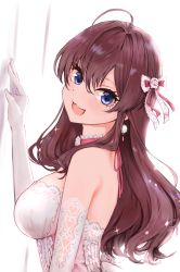 Rule 34 | 1girl, absurdres, against wall, ahoge, bad id, bad twitter id, bare shoulders, blue eyes, bow, breasts, bride, brown hair, choker, dress, elbow gloves, embroidery, frills, gloves, hair bow, highres, ichinose shiki, idolmaster, idolmaster cinderella girls, idolmaster cinderella girls starlight stage, lamp p9, long hair, looking at viewer, medium breasts, open mouth, smile, solo, strapless, strapless dress, tube dress, upper body, wedding dress
