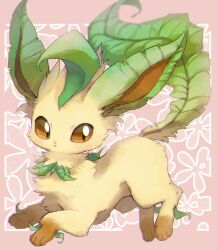 Rule 34 | :&lt;, brown eyes, closed mouth, commentary request, creatures (company), from side, game freak, gen 4 pokemon, highres, leafeon, looking to the side, nekogusa, nintendo, no humans, pink background, pokemon, pokemon (creature), solo, yellow fur