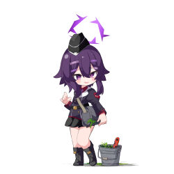 Rule 34 | 1girl, ame., bag, black footwear, black hat, black jacket, black skirt, blue archive, blush stickers, boots, bucket, chibi, collared shirt, commentary request, cross-laced footwear, full body, garrison cap, hair ornament, hairclip, halo, haruka (blue archive), hat, highres, jacket, juliet sleeves, lace-up boots, long hair, long sleeves, nervous smile, open mouth, pleated skirt, puffy sleeves, purple eyes, purple hair, red shirt, shadow, shirt, shoulder bag, simple background, skirt, smile, solo, standing, white background