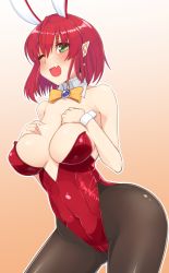 Rule 34 | 1girl, ahoge, alice wishheart, animal ears, black pantyhose, blue gemstone, blush, bow, bowtie, breasts, cleavage, collarbone, covered navel, cowboy shot, detached collar, detached sleeves, dura, earrings, fake animal ears, fang, from side, gem, gradient background, green eyes, hair between eyes, hand on own chest, highres, jewelry, large breasts, leotard, looking at viewer, magical halloween, navel, one eye closed, orange background, outline, pantyhose, playboy bunny, pointy ears, rabbit ears, red hair, sagging breasts, short hair, sidelocks, smile, solo, standing, star (symbol), star earrings, yellow bow, yellow bowtie