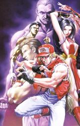 Rule 34 | 1girl, 4boys, andy bogard, arm guards, armpits, arms up, aura, bandages, baseball cap, belt, black eyes, black gloves, black hair, blonde hair, blue eyes, breasts, brown hair, clenched hand, clothes writing, copyright name, crossed arms, denim, english text, fatal fury, fighting stance, fingerless gloves, folding fan, geese howard, gloves, hair ribbon, hand fan, hat, headband, holding, japanese flag, jeans, joe higashi, large breasts, leg lift, light smile, lipstick, long hair, looking at viewer, low-tied long hair, makeup, multiple boys, muscular, narrow waist, ninja, no bra, official art, open clothes, open vest, pants, pelvic curtain, ponytail, ribbon, sadamoto yoshiyuki, sash, serious, shin guards, shiranui mai, shoes, short hair, side slit, sideboob, smile, sneakers, snk, tank top, terry bogard, the king of fighters, topless male, torn clothes, very long hair, vest