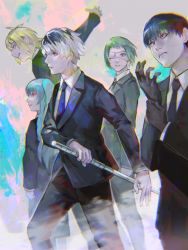 Rule 34 | 2girls, 3boys, absurdres, antenna hair, black gloves, black hair, black necktie, black pants, black shirt, blonde hair, closed mouth, collared shirt, commentary request, eyepatch, formal, gloves, green hair, grey hair, highres, holding, holding sword, holding weapon, kyuuba melo, long hair, long sleeves, male focus, multicolored hair, multiple boys, multiple girls, mutsuki tooru, necktie, pants, sasaki haise, shirt, short hair, smile, suit, sword, tokyo ghoul, tokyo ghoul:re, twintails, two-tone hair, urie kuki, weapon, white hair, white shirt, yonebayashi saiko