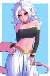 Rule 34 | 1girl, android 21, black sclera, breasts, cleavage, colored sclera, colored skin, commentary request, detached sleeves, dragon ball, dragon ball fighterz, earrings, covered erect nipples, highres, jewelry, long hair, looking at viewer, nail polish, navel, pink skin, pointy ears, red eyes, solo, tail, twistedscarlett60