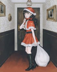 Rule 34 | 1girl, bad id, bad twitter id, belt, black belt, black footwear, black hair, boots, bow, capelet, commentary request, door, fur trim, grey eyes, hair bow, hat, high heel boots, high heels, highres, holding, holding sack, index finger raised, indoors, long hair, looking at viewer, nail polish, original, parted lips, red capelet, red nails, sack, santa costume, santa hat, shadow, solo, utsuwa0120, white trim
