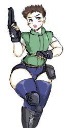 Rule 34 | 1boy, blue thighhighs, blush stickers, boots, brown eyes, brown hair, bulletproof vest, chris redfield, cross-laced footwear, earrings, fingerless gloves, gloves, gun, handgun, highres, jewelry, knee pads, lace-up boots, male focus, pistol, resident evil, short hair, short shorts, shorts, sketch, solo, star (symbol), star earrings, sweatdrop, thighhighs, weapon, wide hips, yellow kirby