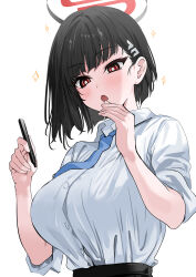 Rule 34 | 1girl, absurdres, alternate costume, alternate hair length, alternate hairstyle, black hair, blue archive, blunt bangs, blush, breasts, bright pupils, hair ornament, hairclip, halo, highres, holding, holding marker, large breasts, looking at viewer, marker, open mouth, red eyes, rio (blue archive), short hair, solo, upper body, white pupils, yuki (asayuki101)