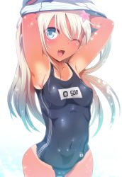 Rule 34 | 10s, 1girl, ;d, armpits, arms up, bad id, bad pixiv id, blonde hair, blue eyes, breasts, character name, competition school swimsuit, covered navel, cowboy shot, covered erect nipples, fang, flower, hair flower, hair ornament, highres, japanese flag, kantai collection, long hair, looking at viewer, one-piece swimsuit, one eye closed, open mouth, ro-500 (kancolle), school swimsuit, silly (marinkomoe), skin tight, small breasts, smile, solo, sparkle, standing, swimsuit, tan, tanline, undressing, very long hair