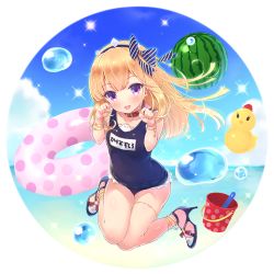 Rule 34 | 10s, 1girl, anklet, ball, beachball, blonde hair, blush, bracelet, bucket, cagliostro (granblue fantasy), collar, commentary request, food, fruit, granblue fantasy, hair ribbon, hairband, high heels, innertube, jewelry, long hair, looking at viewer, name tag, one-piece swimsuit, open mouth, paw pose, purple eyes, ribbon, rubber duck, school swimsuit, show (rinnetenshow), smile, solo, swim ring, swimsuit, watermelon