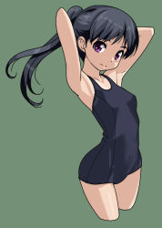 Rule 34 | 1girl, armpits, arms behind head, arms up, bad id, bad pixiv id, black hair, blue one-piece swimsuit, blue school swimsuit, breasts, covered navel, cowboy shot, cropped legs, green background, grey background, light smile, long hair, looking at viewer, new school swimsuit, one-piece swimsuit, original, ponytail, purple eyes, rohitsuka, school swimsuit, simple background, small breasts, solo, swimsuit, twintails