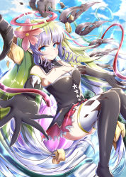 Rule 34 | 1girl, absurdres, ameth (princess connect!), black dress, black gloves, black thighhighs, breasts, closed mouth, cloud, dress, drill hair, drill sidelocks, elbow gloves, floating hair, flower, gloves, green eyes, green hair, hair flower, hair ornament, highres, large breasts, long hair, multicolored hair, princess connect!, purple hair, sidelocks, signature, sky, sleeveless, smile, solo, sunlight, takemura kou, thighhighs, thighs, very long hair