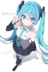 Rule 34 | 1girl, absurdres, aqua eyes, aqua hair, aqua necktie, bare shoulders, black sleeves, black thighhighs, blush, commentary request, dated, detached sleeves, from above, full body, grey shirt, hair between eyes, hair ornament, hand up, hatsune miku, headset, highres, long hair, looking at viewer, looking up, miku day, necktie, number tattoo, odorukaminoke, parted lips, shadow, shirt, simple background, sleeveless, sleeveless shirt, smile, solo, standing, tattoo, teeth, thighhighs, twintails, very long hair, vocaloid, w, white background