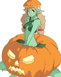 Rule 34 | 1girl, alraune, bare shoulders, braid, breasts, brown hair, closed mouth, colored skin, criss-cross halter, freckles, green skin, halterneck, highres, jack-o&#039;-lantern, long hair, looking at viewer, medium breasts, monster girl, navel, original, plant girl, pointy ears, pumpkin, red eyes, simple background, smile, solo, twin braids, v arms, vins-mousseux, white background