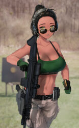 Rule 34 | 1girl, belt, black belt, black hair, chaciooh, commentary, cowboy shot, crop top, forehead, glock, gloves, green gloves, grey pants, gun, handgun, headphones, highres, holding, holding gun, holding weapon, holstered, looking at viewer, midriff, mole, mole under mouth, navel, original, pants, parted lips, rifle, scope, short hair, solo, sports bra, standing, stomach, weapon, yellow eyes