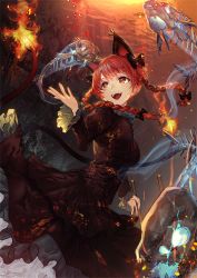 Rule 34 | 1girl, :d, animal ears, beam, black bow, black dress, bone, bow, braid, breasts, cat ears, cat tail, dress, fiery tail, fire, fish bone, fire, flame-tipped tail, frilled dress, frills, from above, glowing, hair bow, hand up, highres, holding, kaenbyou rin, light particles, long hair, looking to the side, medium breasts, multiple tails, nekomata, open mouth, orange eyes, petticoat, red hair, slit pupils, smile, solo, tail, teeth, touhou, twin braids, two tails, u u zan, upper teeth only