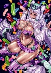 Rule 34 | 1girl, absurdres, animal ears, areola slip, bikini pull, blush, breasts, cleavage, clothes pull, covered erect nipples, dark-skinned female, dark skin, highres, honjou raita, huge filesize, large breasts, long hair, looking at viewer, non-web source, purple eyes, purple hair, silver hair, smile, solo, sweat, thighhighs, tongue, tongue out, toranoana, turtleneck