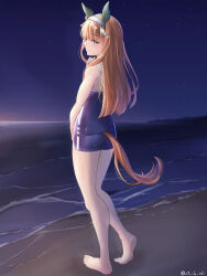 Rule 34 | 1girl, absurdres, alternate costume, animal ears, armpit crease, atodashi, bare legs, barefoot, beach, blue one-piece swimsuit, blunt bangs, blunt ends, ear covers, feet, from behind, full body, green hairband, hair ornament, hairband, hand up, heel up, highres, horse ears, horse girl, horse tail, legs, long hair, looking at viewer, looking to the side, night, night sky, one-piece swimsuit, orange hair, outdoors, shadow, sidelocks, silence suzuka (umamusume), sky, soles, solo, star (sky), starry sky, swimsuit, tail, thighs, toenails, toes, twitter username, two-tone hairband, umamusume, water, wet, white hairband