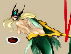 Rule 34 | 1girl, ass, back, black sclera, blush, breasts, chopsticks, colored sclera, fake horns, fins, fish tail, forehead jewel, from behind, helmet, highres, horned helmet, horns, kumiko shiba, league of legends, long hair, mermaid, monster girl, nami (league of legends), nipples, nude, open mouth, red eyes, scales, solo, soy sauce, tail