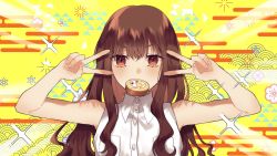 Rule 34 | 1girl, brown eyes, brown hair, buttons, cake, collared shirt, commentary request, double v, emotional engine - full drive, expressionless, fate/extra, fate/grand order, fate (series), food, food in mouth, hair between eyes, highres, imori (ineed ea), kishinami hakuno (female), long hair, parody, shirt, sleeveless, sleeveless shirt, solo, swiss roll, upper body, v, white shirt