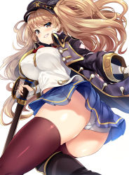 Rule 34 | 1girl, blonde hair, blush, breasts, feathers, granblue fantasy, hat, highres, hinata sora, large breasts, long hair, monika weisswind, panties, peaked cap, pleated skirt, skirt, solo, sword, thighhighs, twintails, underwear, weapon, white background, yellow eyes