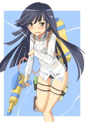 Rule 34 | 10s, 1girl, bikini, bikini bottom only, black hair, blush, bra, bridal garter, commentary request, covering privates, covering breasts, hayashimo (kancolle), kantai collection, long hair, open mouth, see-through, shimouki izui, shirt, simple background, solo, swimsuit, tears, thigh strap, toy gun, underwear, very long hair, water, water gun, wavy mouth, wet, wet clothes, wet shirt
