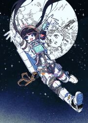 Rule 34 | 1girl, animal ears, arms up, astronaut, backpack, bag, black hair, blue eyes, blush stickers, commentary request, diffraction spikes, fake animal ears, floating hair, full body, gun to head, hair through headwear, harness, hazime, helmet, highres, jumpsuit, long hair, looking at viewer, mechanical ears, midair, moon, moon with face, nazono mito, nijisanji, open mouth, outstretched arms, rabbit ears, screen, sky, smile, solo, space, space helmet, star (sky), starry sky, tsukino mito, tsukino mito (16th costume), twintails, very long hair, virtual youtuber, white jumpsuit