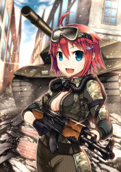 Rule 34 | 1girl, ahoge, ak-47, akuko (arc), alliance of valiant arms, assault rifle, blue eyes, blurry, camouflage, caterpillar tracks, depth of field, gia, goggles, goggles on head, gun, hair ornament, hairclip, kalashnikov rifle, looking at viewer, military, military vehicle, motor vehicle, open mouth, rifle, short hair, solo, tank, vehicle, weapon
