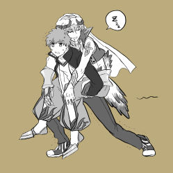 Rule 34 | 2boys, carrying, drooling, emiya shirou, closed eyes, fate/grand order, fate/stay night, fate (series), gilgamesh (fate), gilgamesh (caster) (fate), gloves, high collar, highres, jewelry, male focus, multiple boys, none (kameko227), piggyback, saliva, simple background, sleeping, sweat, trembling, yellow background, zzz