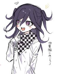 Rule 34 | 1girl, :d, black hair, blush, checkered clothes, checkered scarf, danganronpa (series), danganronpa v3: killing harmony, genderswap, genderswap (mtf), hair between eyes, hand up, highres, jacket, long hair, long sleeves, ne555ne, nose blush, oma kokichi, open mouth, purple eyes, purple hair, scarf, simple background, sleeves past wrists, smile, solo, teeth, translation request, twintails, upper body, upper teeth only, white background, white jacket