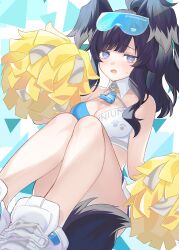 Rule 34 | 1girl, bare legs, bare shoulders, black hair, blue archive, blue eyes, commentary, crop top, feet out of frame, goggles, goggles on head, hibiki (blue archive), hibiki (cheer squad) (blue archive), knees up, long hair, looking at viewer, midriff, millennium cheerleader outfit (blue archive), natsumachisan, open mouth, pom pom (clothes), shoes, sitting, sneakers, solo, tail, thighs, white footwear