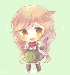 Rule 34 | 1girl, :d, arm warmers, black socks, blush, bow, braid, brown eyes, brown footwear, brown hair, chibi, commentary request, full body, green background, green skirt, kantai collection, kneehighs, kou hiyoyo, long hair, looking at viewer, low twintails, minegumo (kancolle), open mouth, pleated skirt, puffy short sleeves, puffy sleeves, red bow, shirt, shoes, short sleeves, skirt, smile, socks, solo, standing, suspender skirt, suspenders, twin braids, twintails, twitter username, very long hair, white shirt