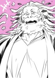 Rule 34 | 1boy, beard, closed eyes, commentary request, facial hair, fate/grand order, fate (series), flower, happy aura, hatching (texture), laughing, linear hatching, male focus, monochrome, old, old man, open mouth, pink background, ptolemy (fate), ryuuki garyuu, wrinkled skin