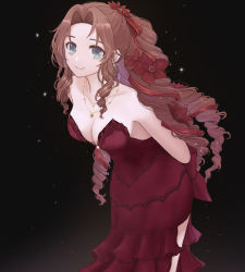 Rule 34 | 1girl, aerith gainsborough, aerith gainsborough (red dress), aqua eyes, arms behind back, back bow, bare shoulders, black background, bow, breasts, brown hair, cleavage, closed mouth, commentary, dress, drill hair, evening gown, final fantasy, final fantasy vii, final fantasy vii remake, flower, forehead, formal, hair flower, hair ornament, hair ribbon, highres, jewelry, lenak, light particles, long hair, looking at viewer, medium breasts, necklace, official alternate costume, parted bangs, red bow, red dress, red flower, red ribbon, ribbon, sideboob, sidelocks, smile, solo, square enix, star (symbol), star necklace, strapless, strapless dress, twin drills, very long hair, wall market